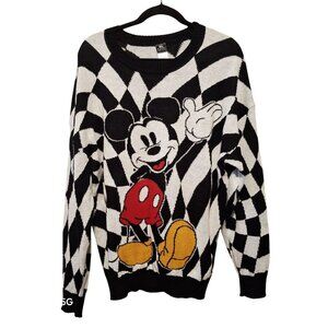 Disney Mickey Mouse Sweater Black & White Checkered Knit Long Sleeve XXL